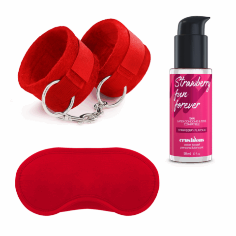 Me Lo Como - Velcro Handboeien Set met Blinddoek en Aardbeien Glijmiddel - 1,7 fl oz / 50 ml - Rood