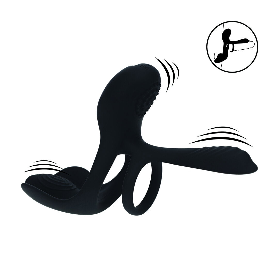 Drievoudige Motor Vibrerende Siliconen Cockring - Zwart