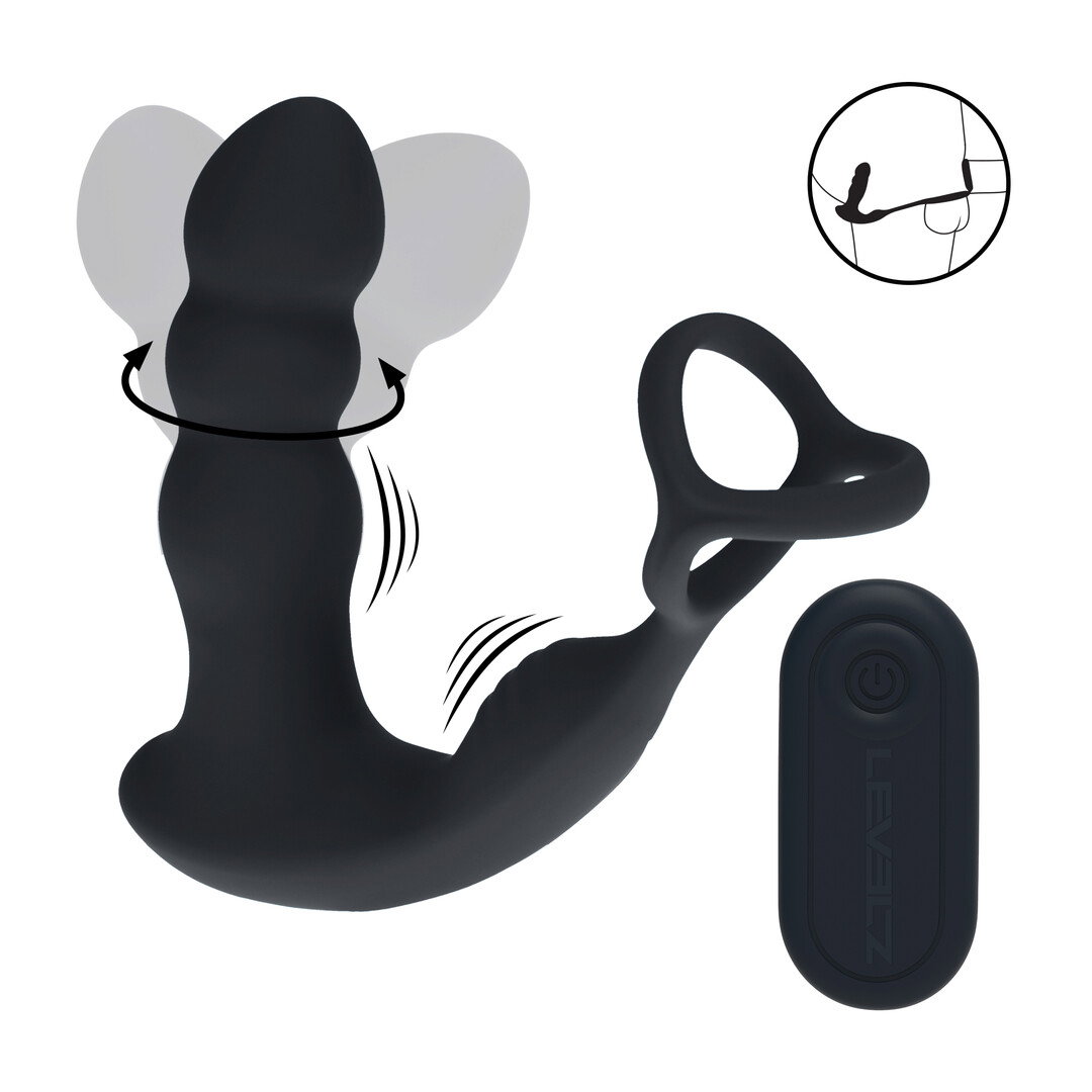 Dual Vibrating Remote Rotating Head Silicone Prostate Stimulator with Cock and Ball Ring - Black