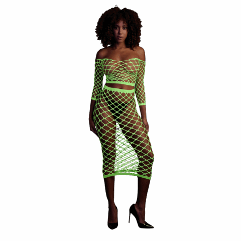 Langsleeve Crop Top en Lange Rok - One Size - Neon Groen